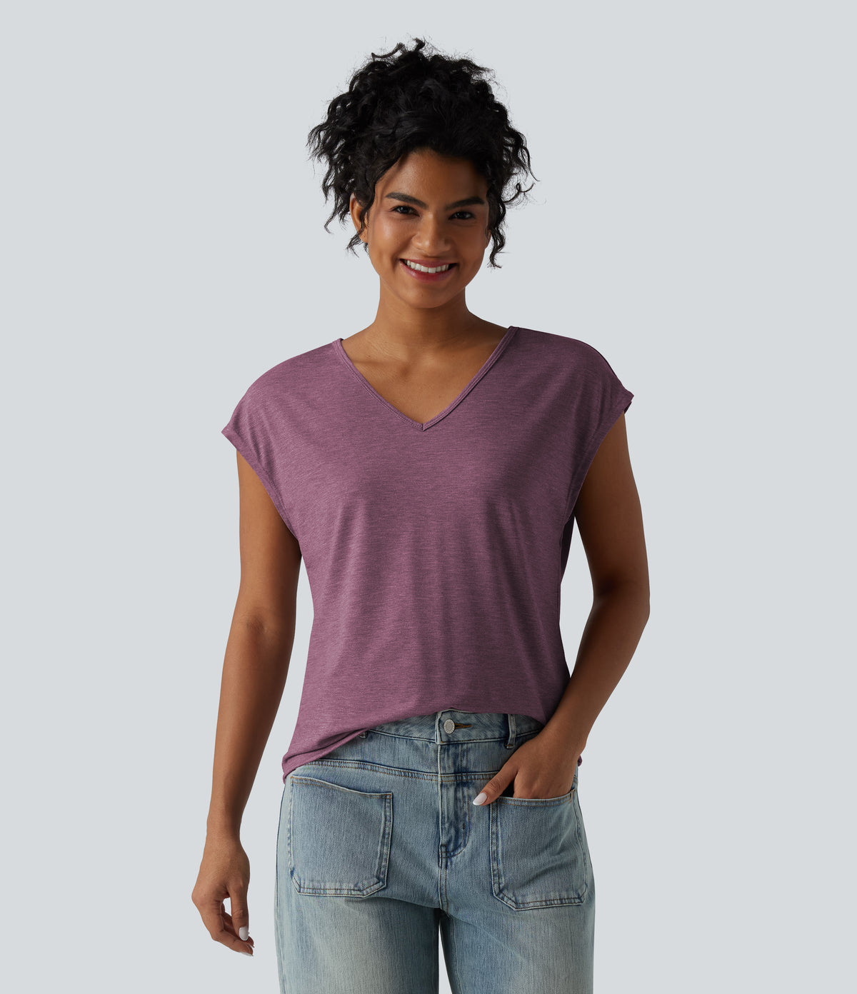 V Neck Short Sleeve Relaxed Heathered Casual T-Shirt