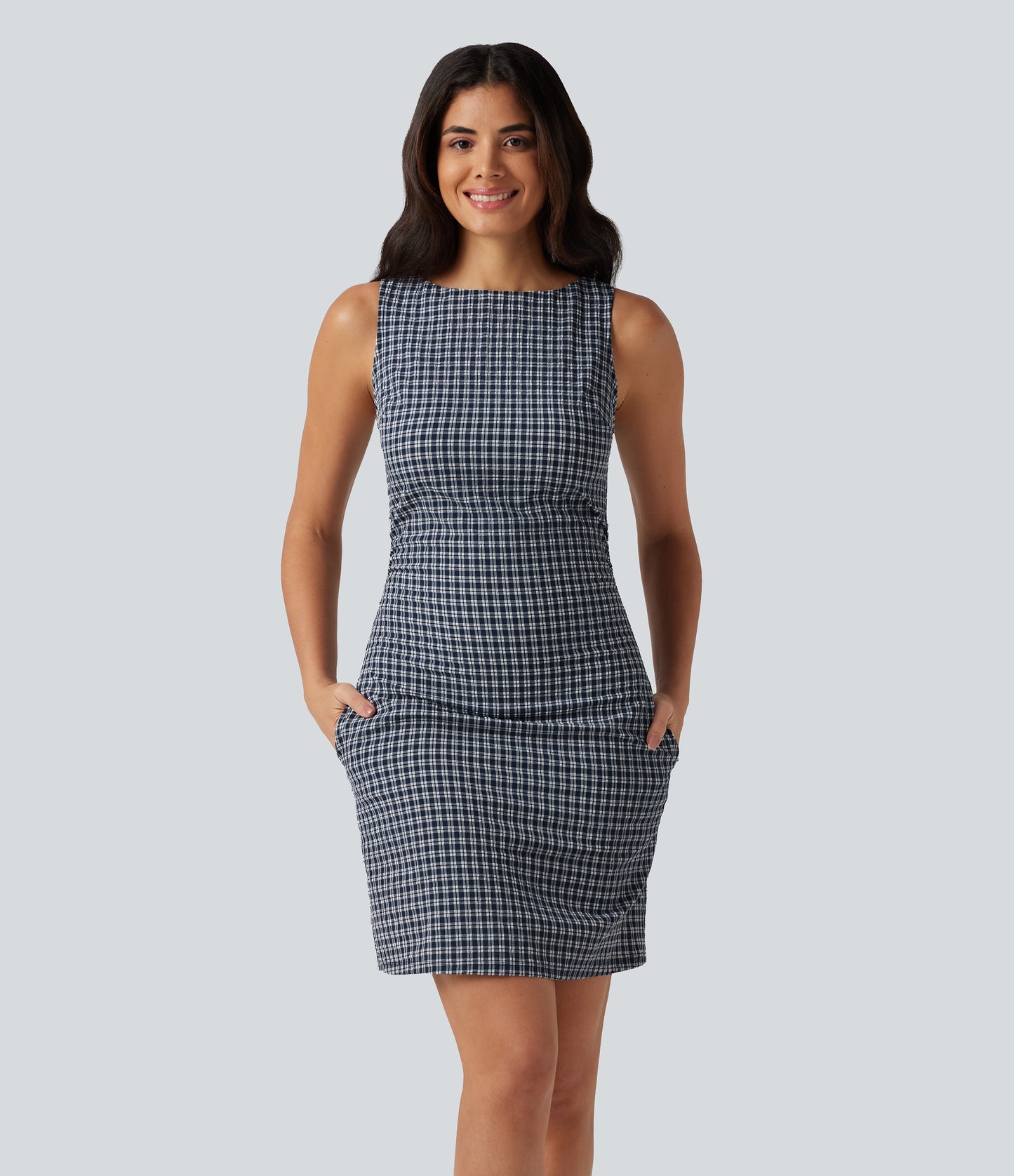 Boat Neck Sleeveless Gingham Mini Casual Dress with Pockets