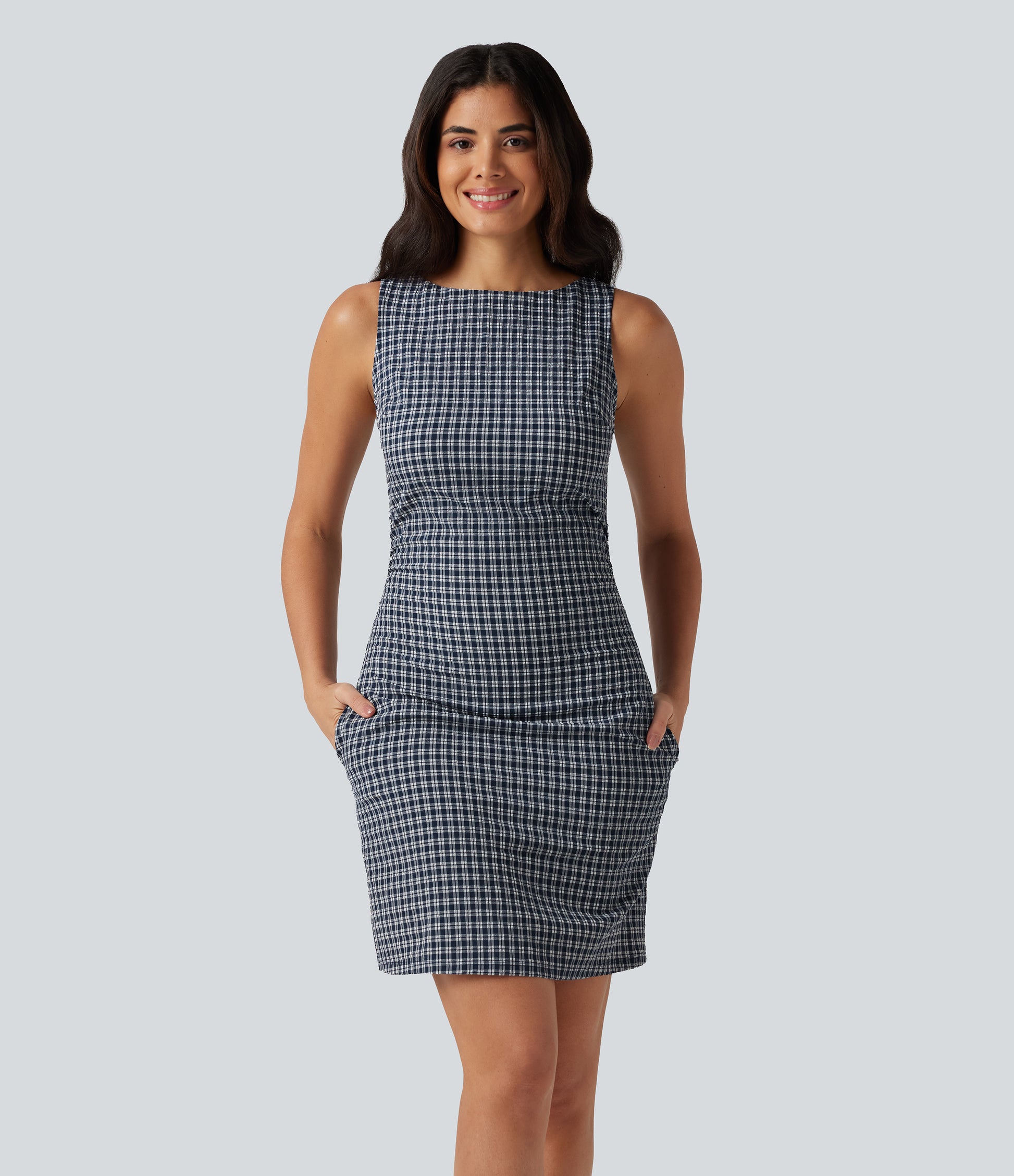 Boat Neck Sleeveless Gingham Mini Casual Dress with Pockets