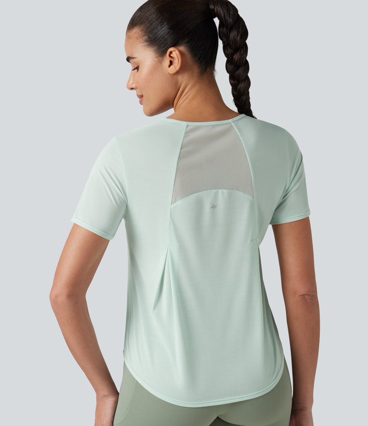 Round Neck Short Sleeve Contrast Mesh Curved Hem Running Sports Top