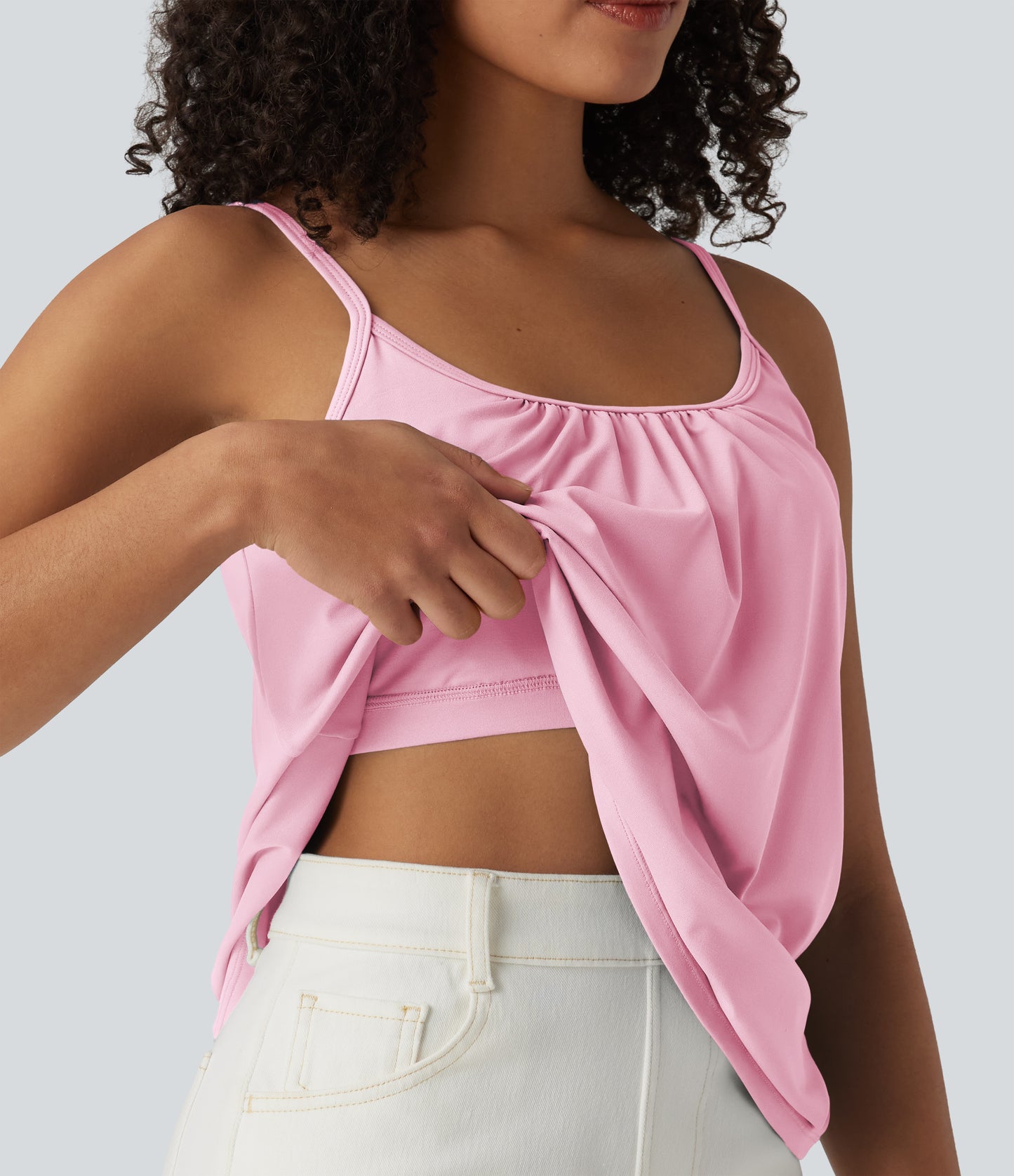 Adjustable Straps Ruched 2-in-1 Built-in Bra Casual Cami Top