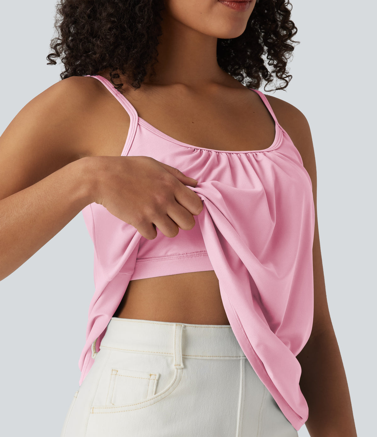 Adjustable Straps Ruched 2-in-1 Built-in Bra Casual Cami Top