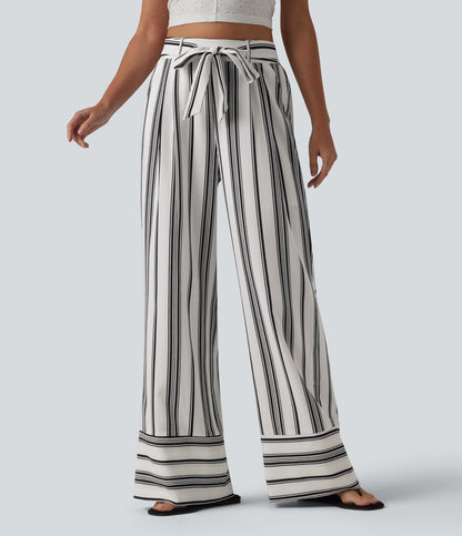 High Waisted Belted Stripes Resort Baggy Pants with Pockets