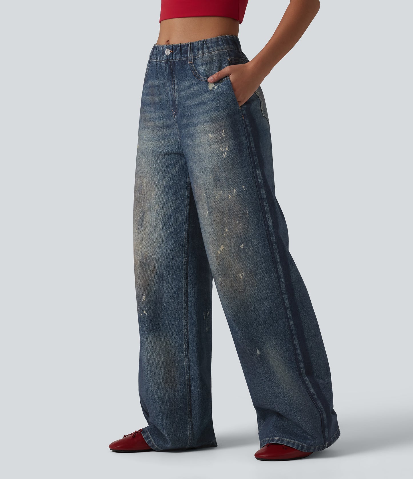 Mid Rise Denim Print French Terry Stripe Casual Sweatpants Jeans with Pockets