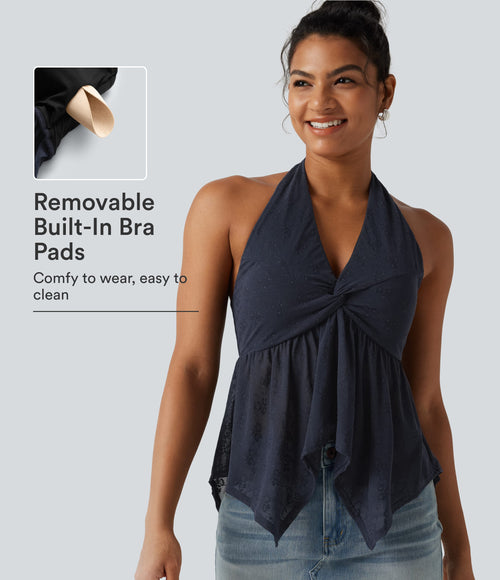 Halter Backless Ruffle Hem Built-in Bra Casual Lace Blouse