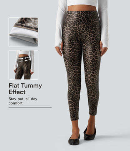 High Waisted Tummy Control Stretchy PU Leopard Print Skinny Casual Leggings with Pockets
