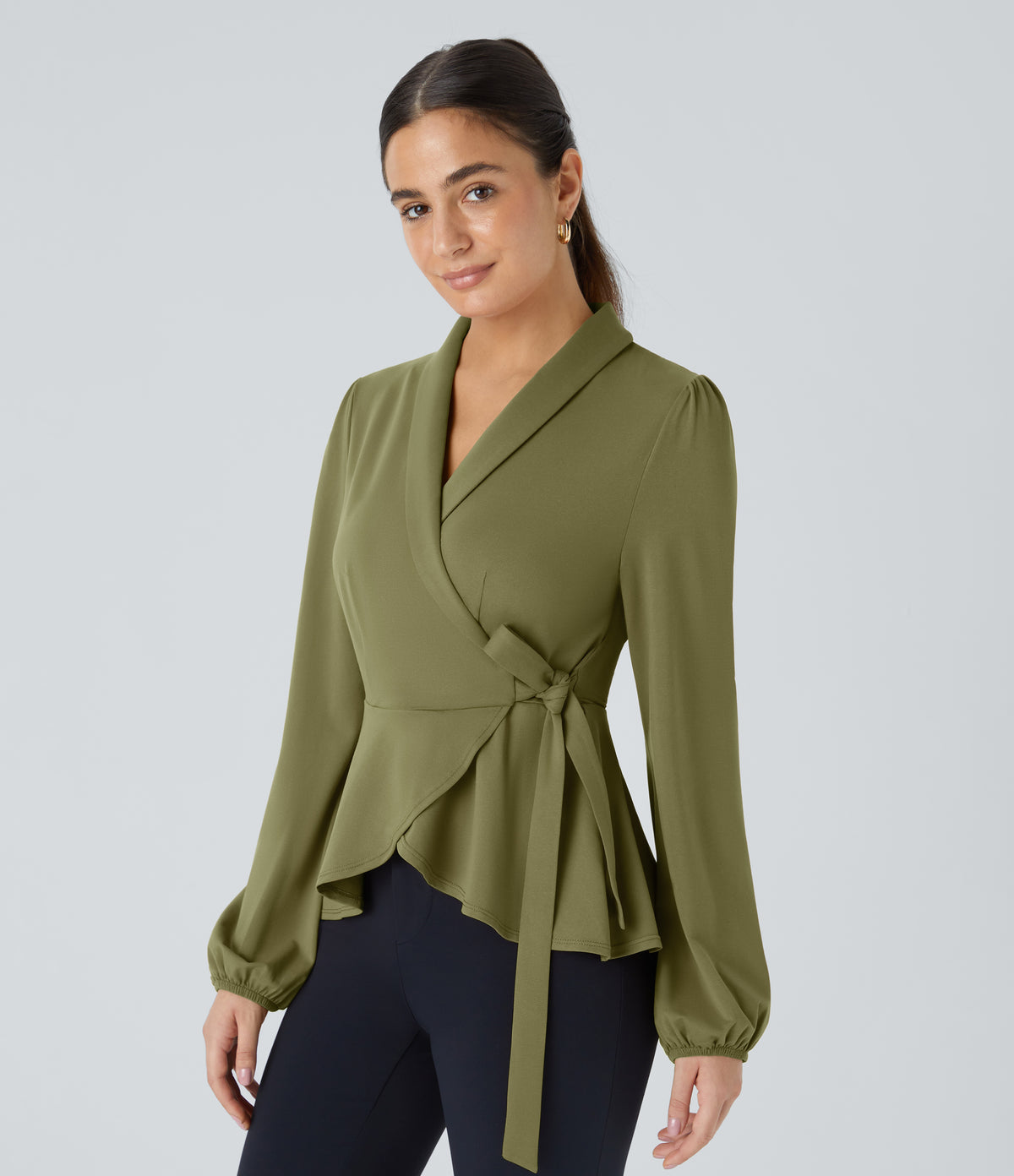 Shawl Collar Wrapped Tie Side Ruffle Hem Work Blouse