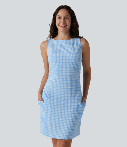 Boat Neck Sleeveless Gingham Mini Casual Dress with Pockets