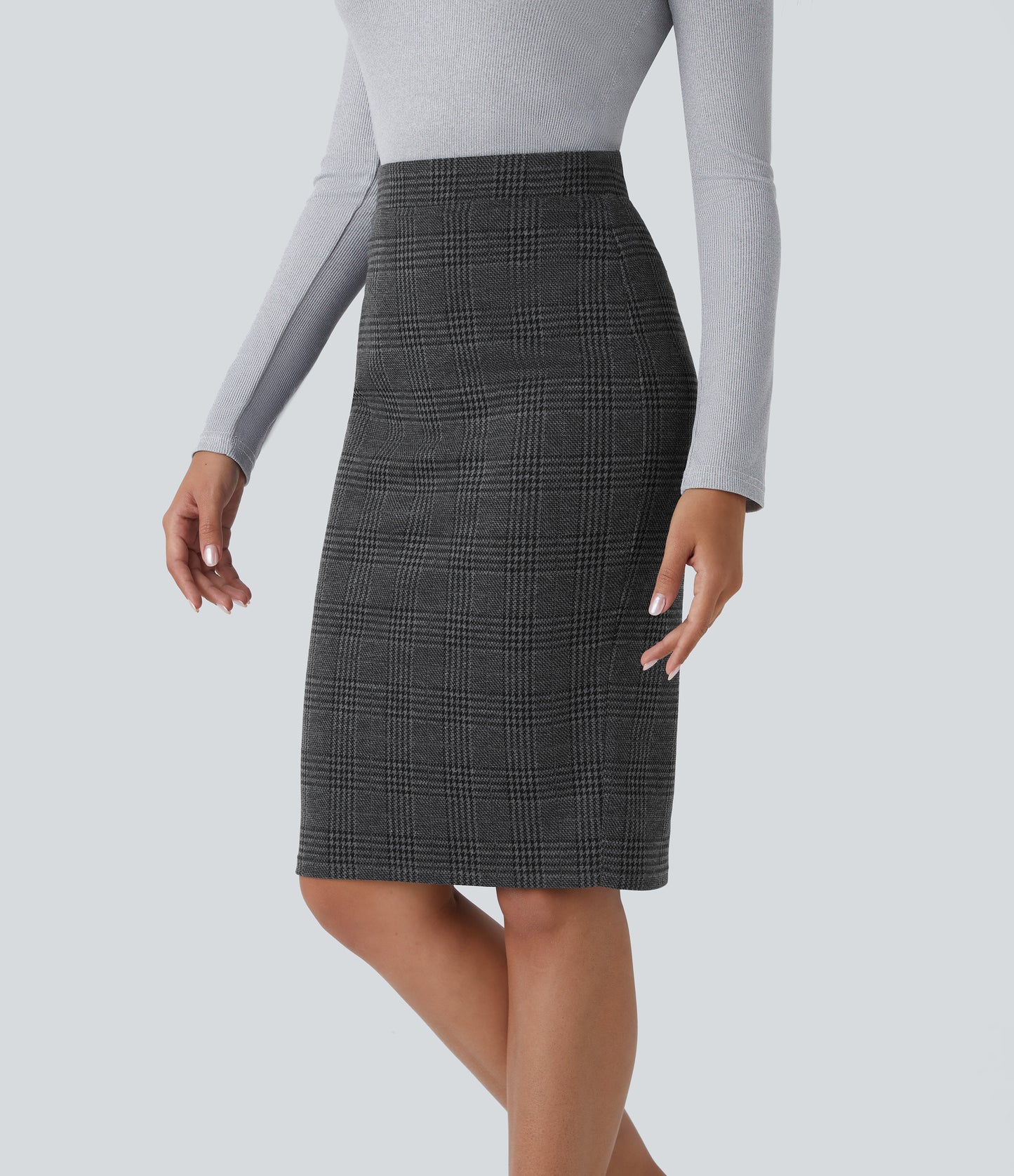 High Waisted Hem Houndstooth Plaid Work Pencil Skirt