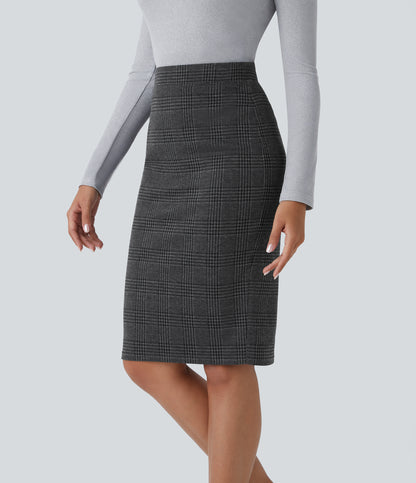 High Waisted Hem Houndstooth Plaid Work Pencil Skirt
