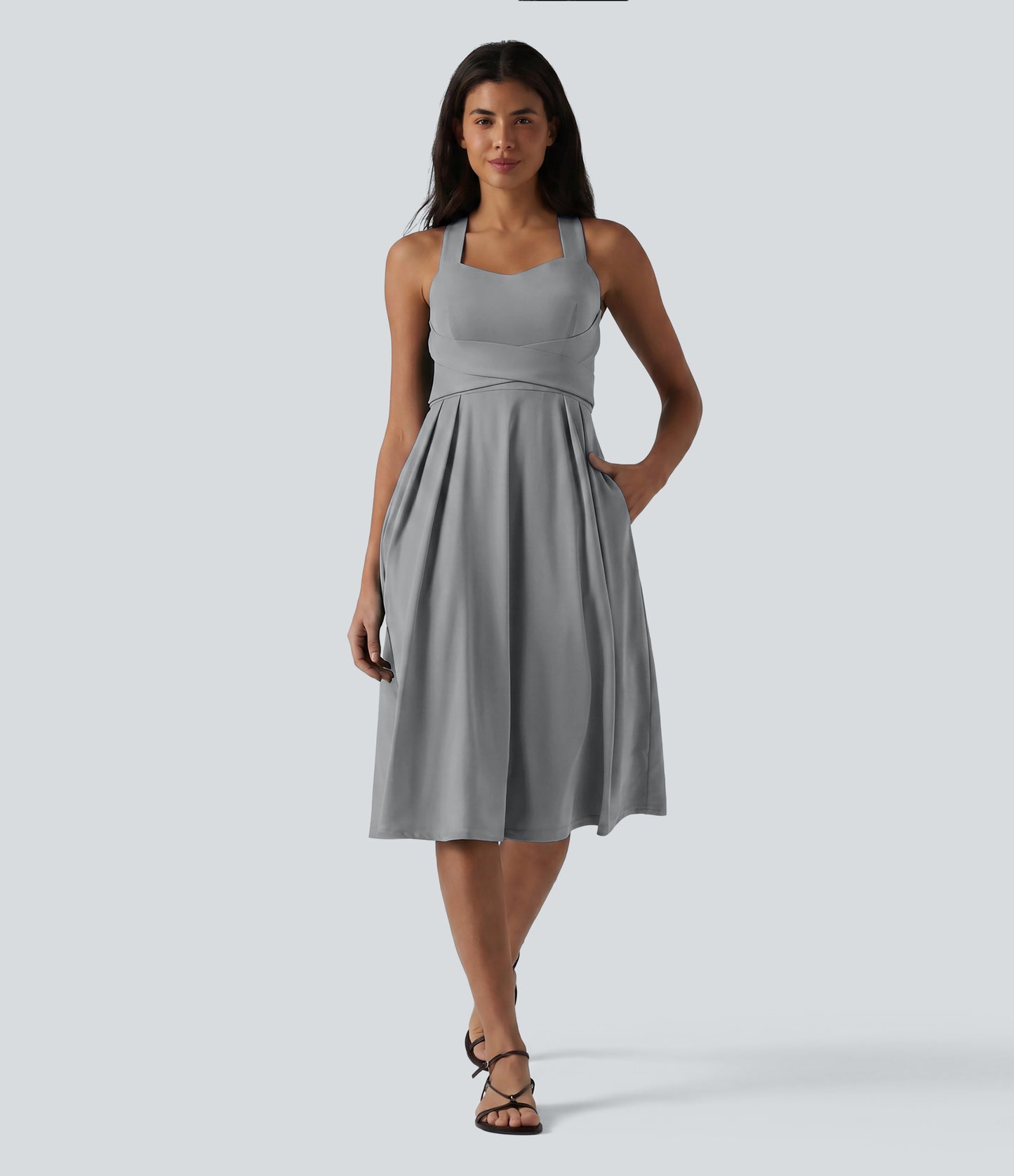 Sweetheart Neck Sleeveless Crisscross Tie-back Midi Casual Flowy Dress with Pockets