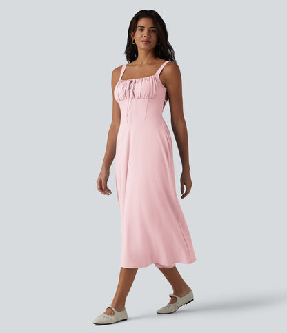 Crisscross Backless Square Neck Sleeveless Ruched Built-in Bra Midi Resort Flowy Milkmaid Dress