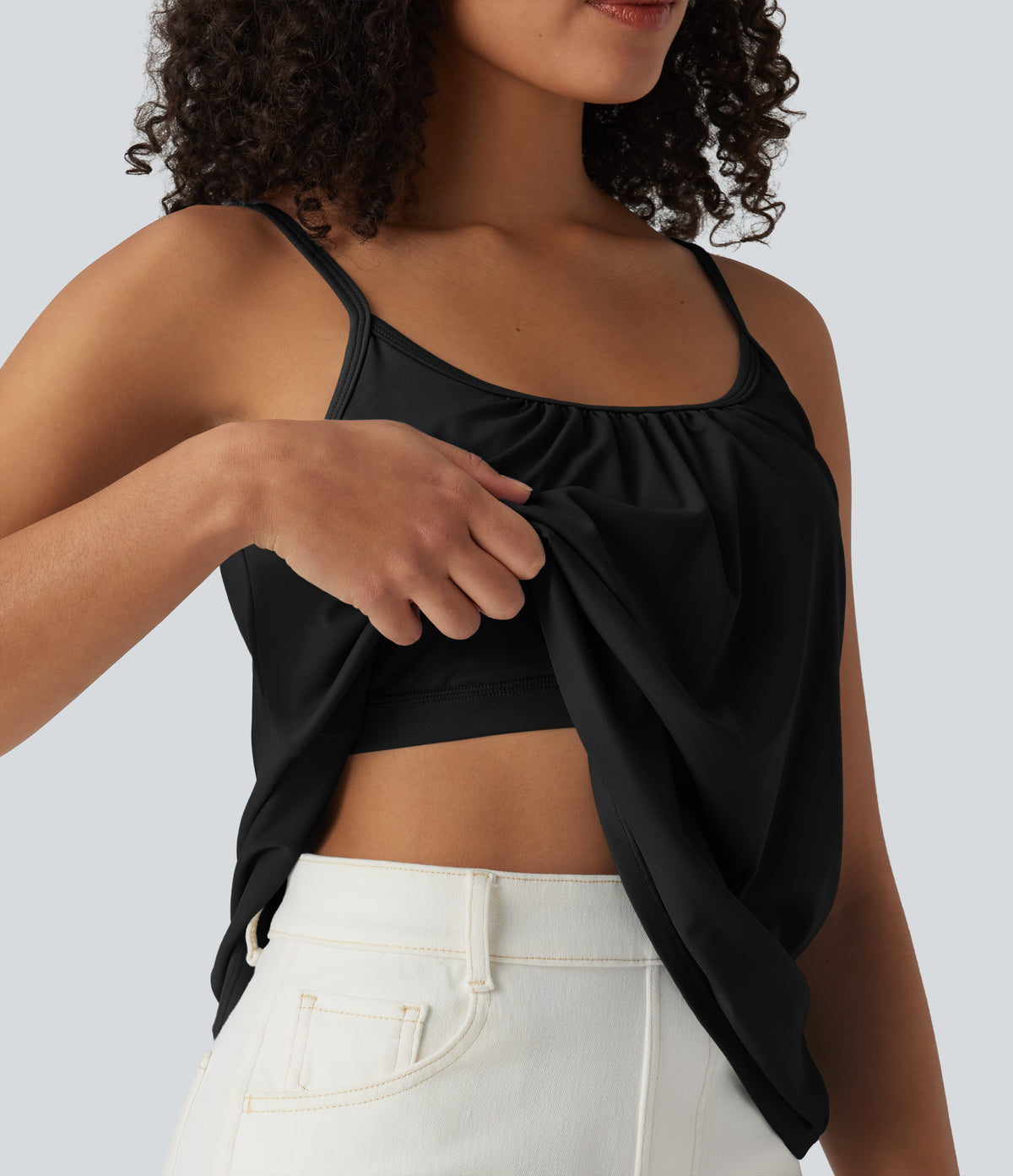Adjustable Straps Ruched 2-in-1 Built-in Bra Casual Cami Top