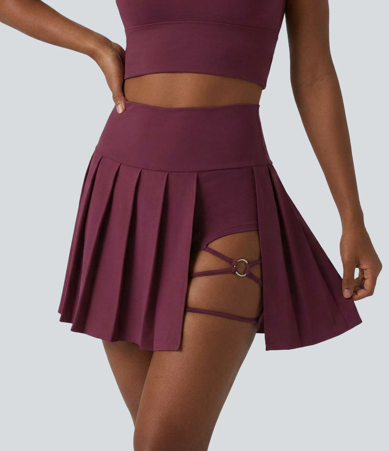 Breezeful™ High Waisted Pleated 2-in-1 Asymmetric Hem Quick Dry Mini Dance Skirt with Pockets-Longer Length