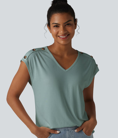 V Neck Decorative Button Cap Sleeve Relaxed Casual T-Shirt