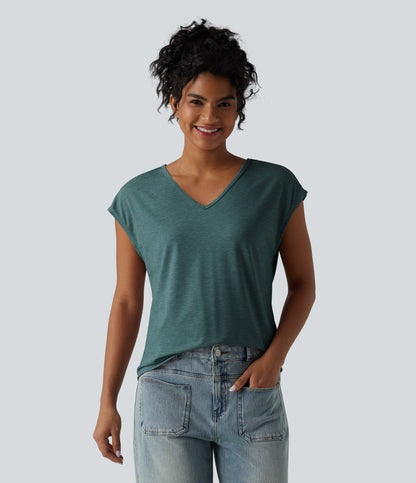 V Neck Short Sleeve Relaxed Heathered Casual T-Shirt