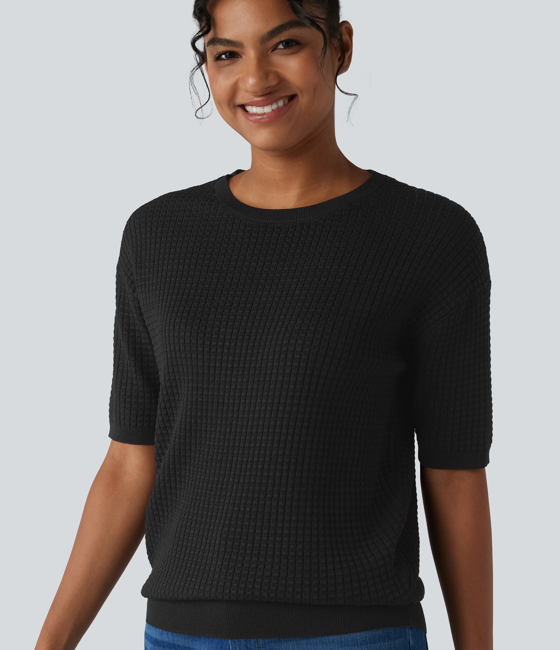 Round Neck Short Sleeve Waffle Casual Sweater