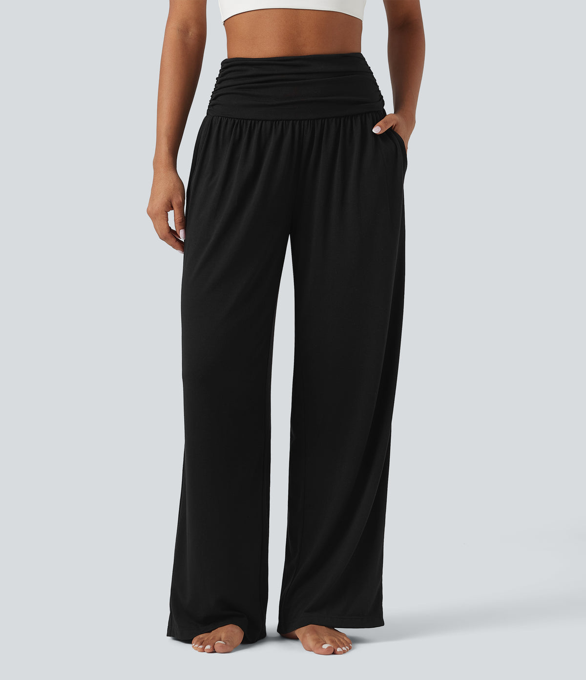 High Waisted Ruched Heathered Yoga Baggy Pants with Pockets