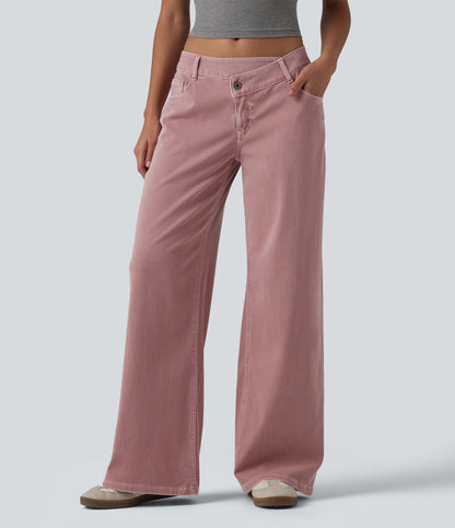 Flex™ Asymmetric Low Rise Wide Leg Colorful Casual Jeans with Pockets