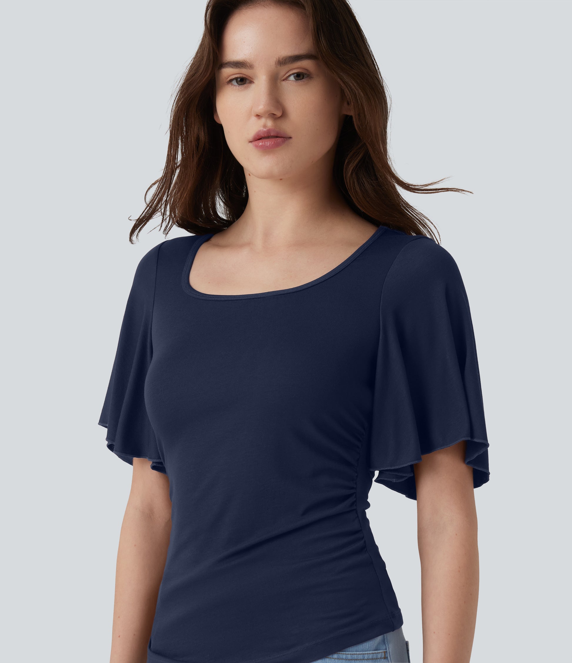 Ribbed Square Neck Butterfly Sleeve Ruched Casual T-Shirt