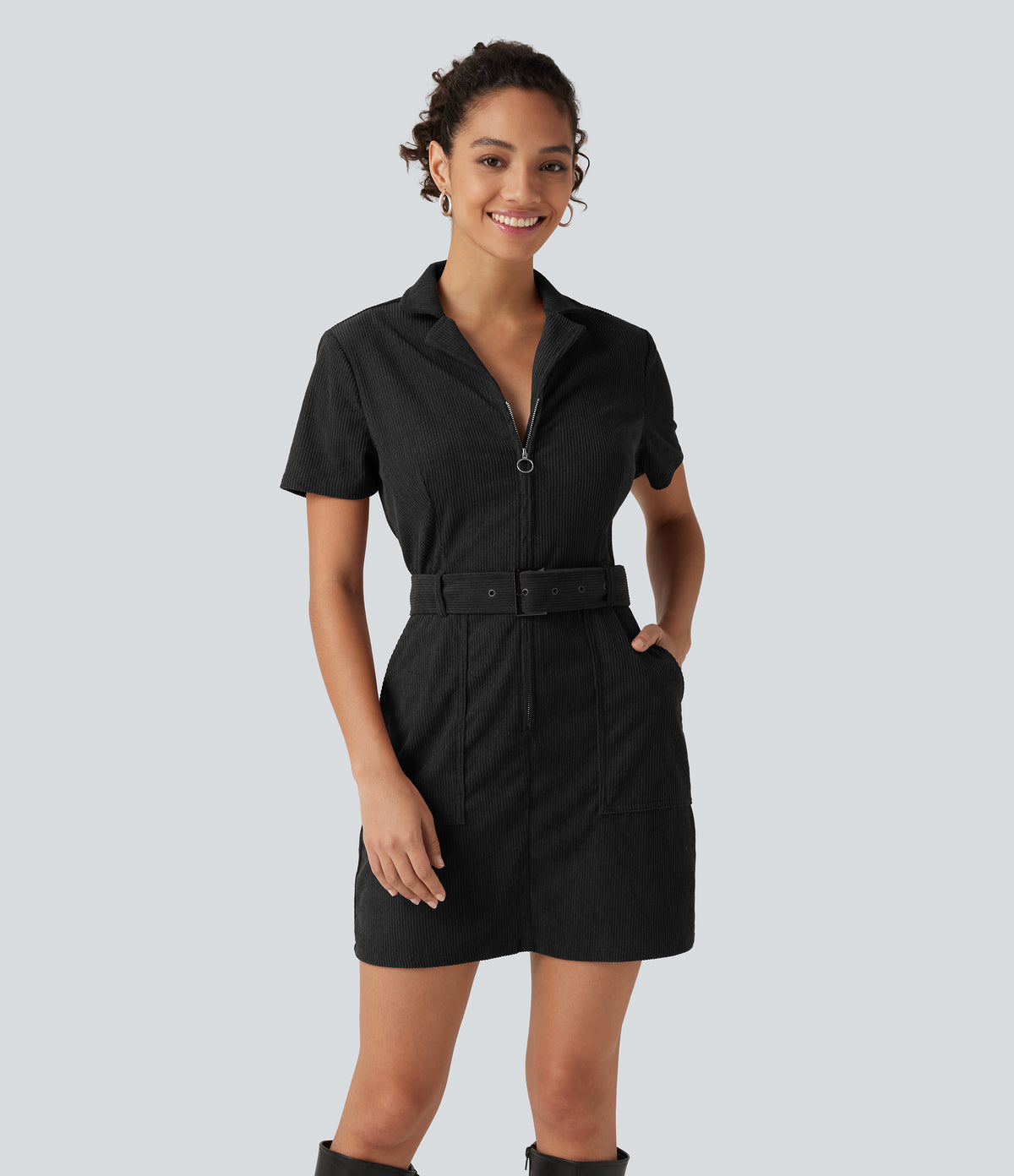 Short Sleeve Belted Corduroy Mini Casual Dress with Pockets