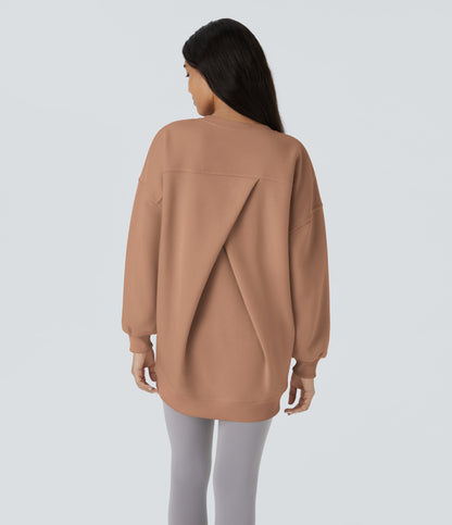 Round Neck Long Sleeve Pocket Oversize Fleece Casual Sweatshirt