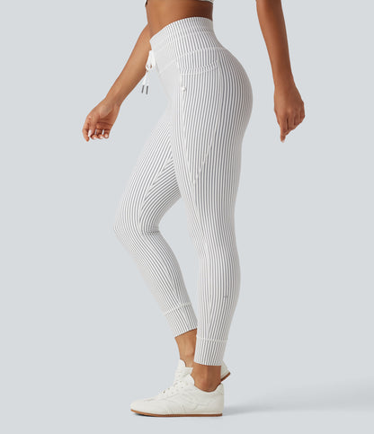 High Waisted Drawstring Stripe Yoga Leggings with Pockets