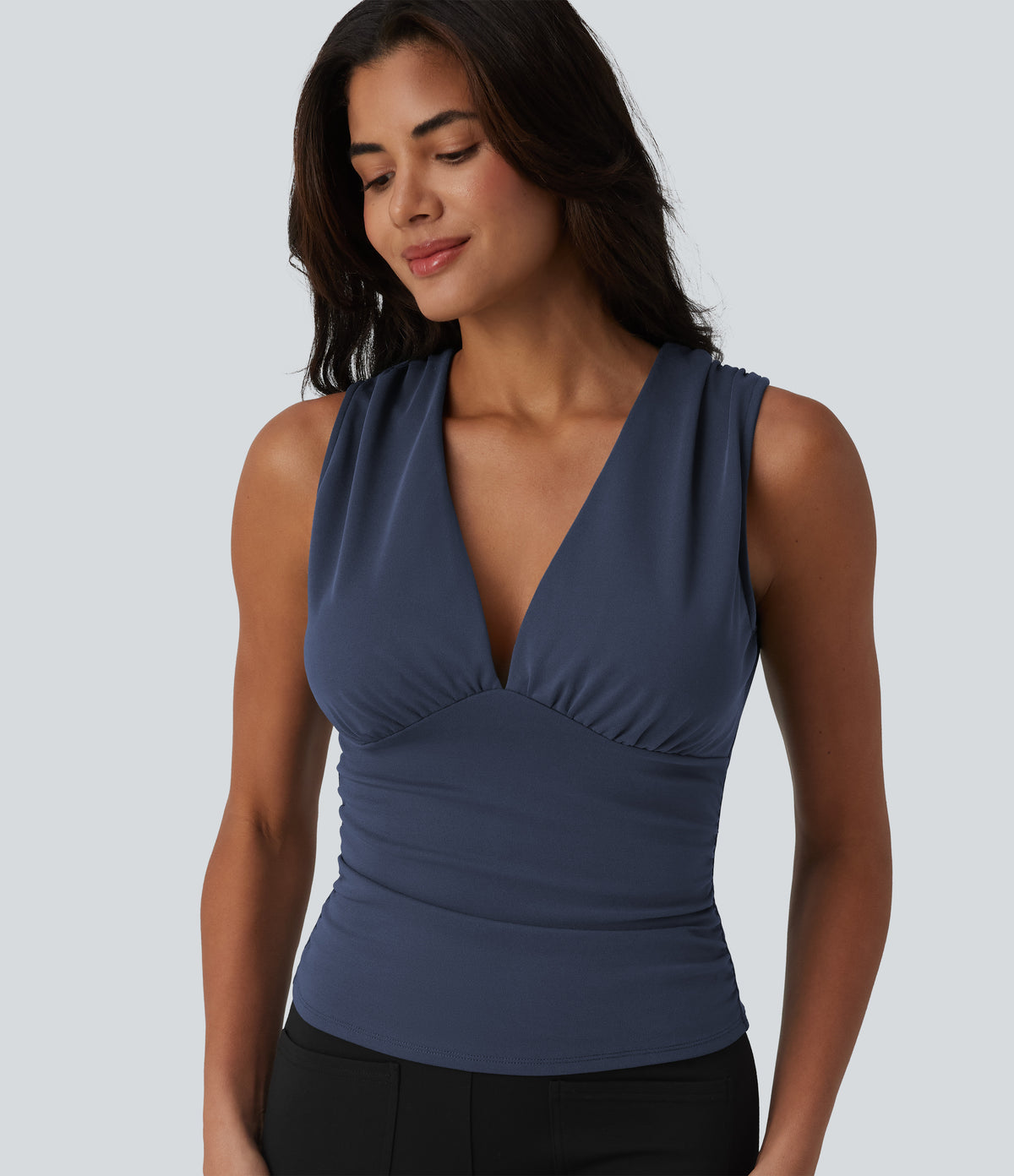 V Neck Ruched Built-in Bra Work Tank Top