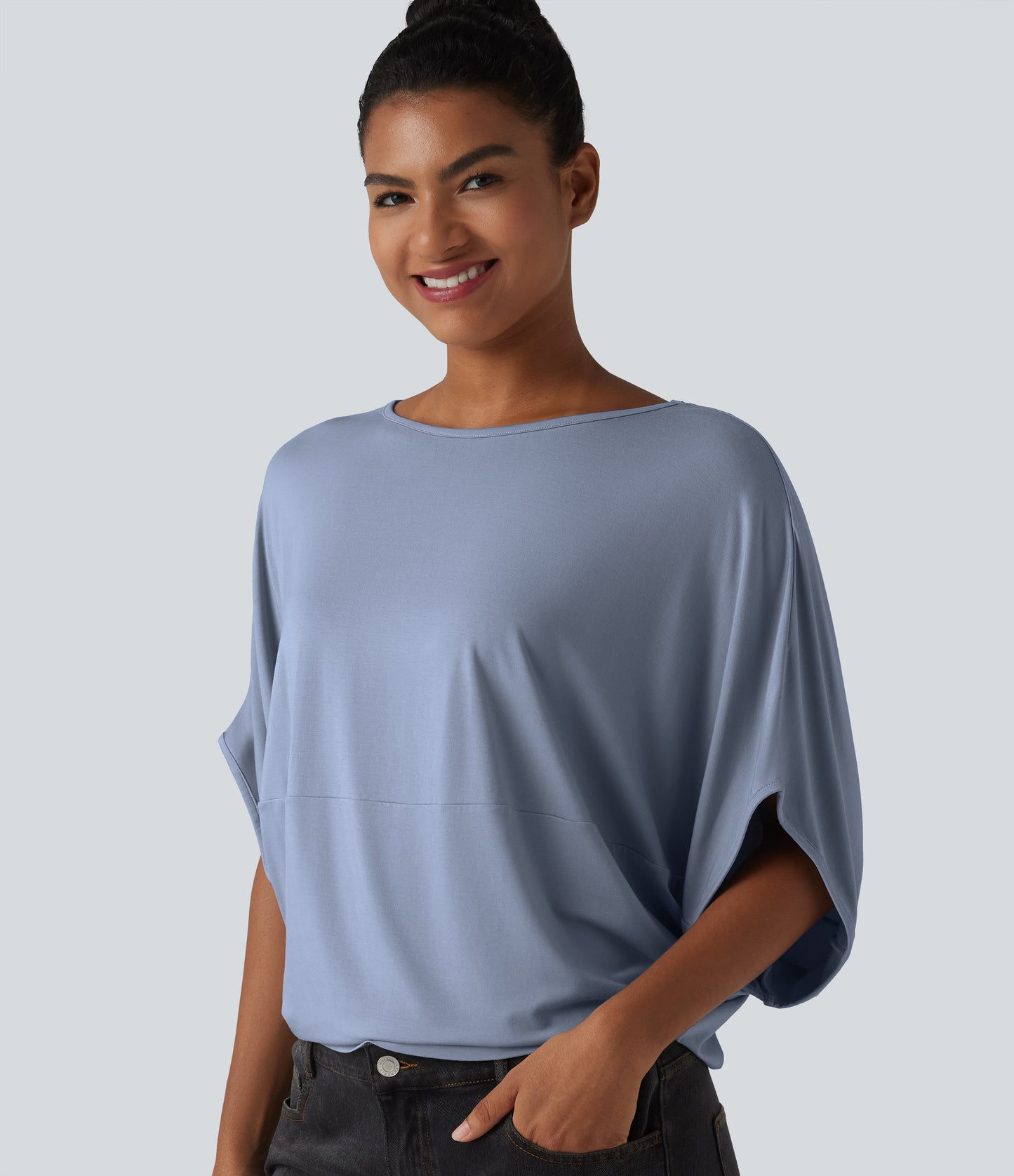 Round Neck Batwing Sleeve Relaxed Casual Top