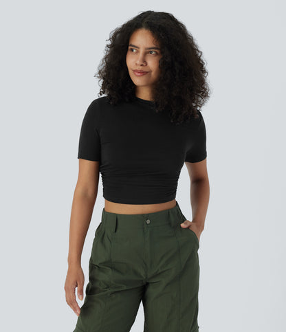 Round Neck Short Sleeve Ruched Skinny Cropped Casual T-Shirt