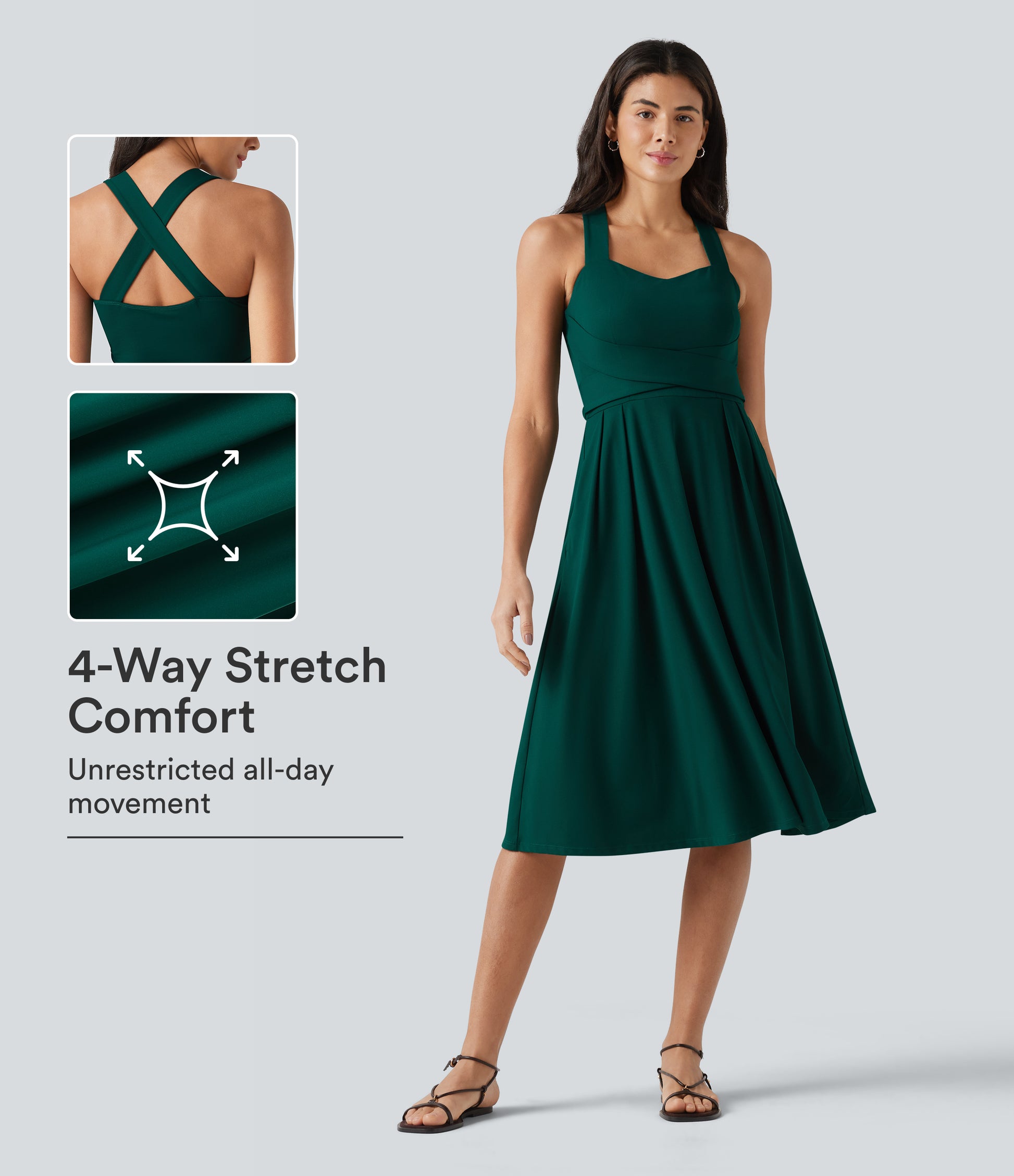 Sweetheart Neck Sleeveless Crisscross Tie-back Midi Casual Flowy Dress with Pockets