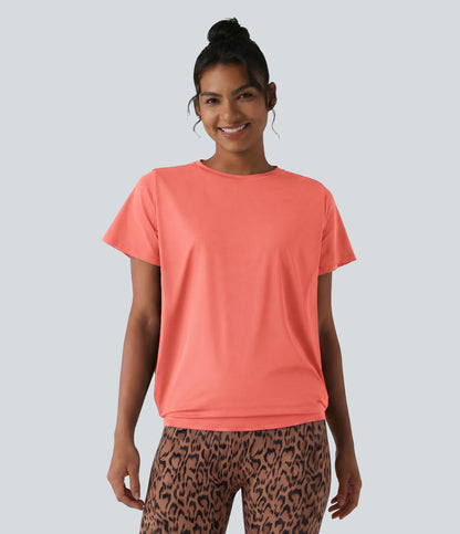 Round Neck Short Sleeve Ruched Cool Touch Yoga Sports Top-UPF50+
