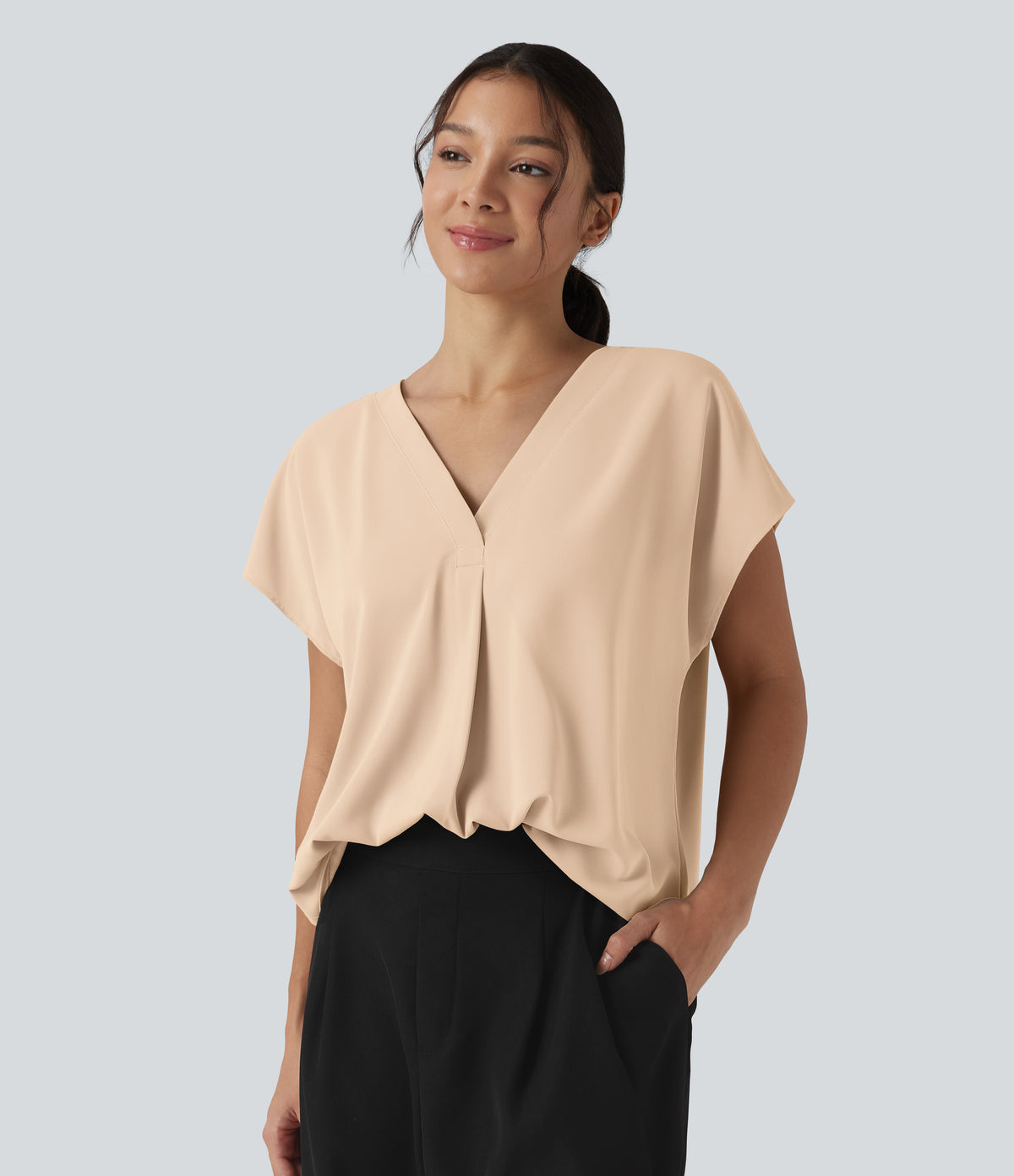 Wrinkle Recovery V-neck Short Sleeve Oversized Work Blouse