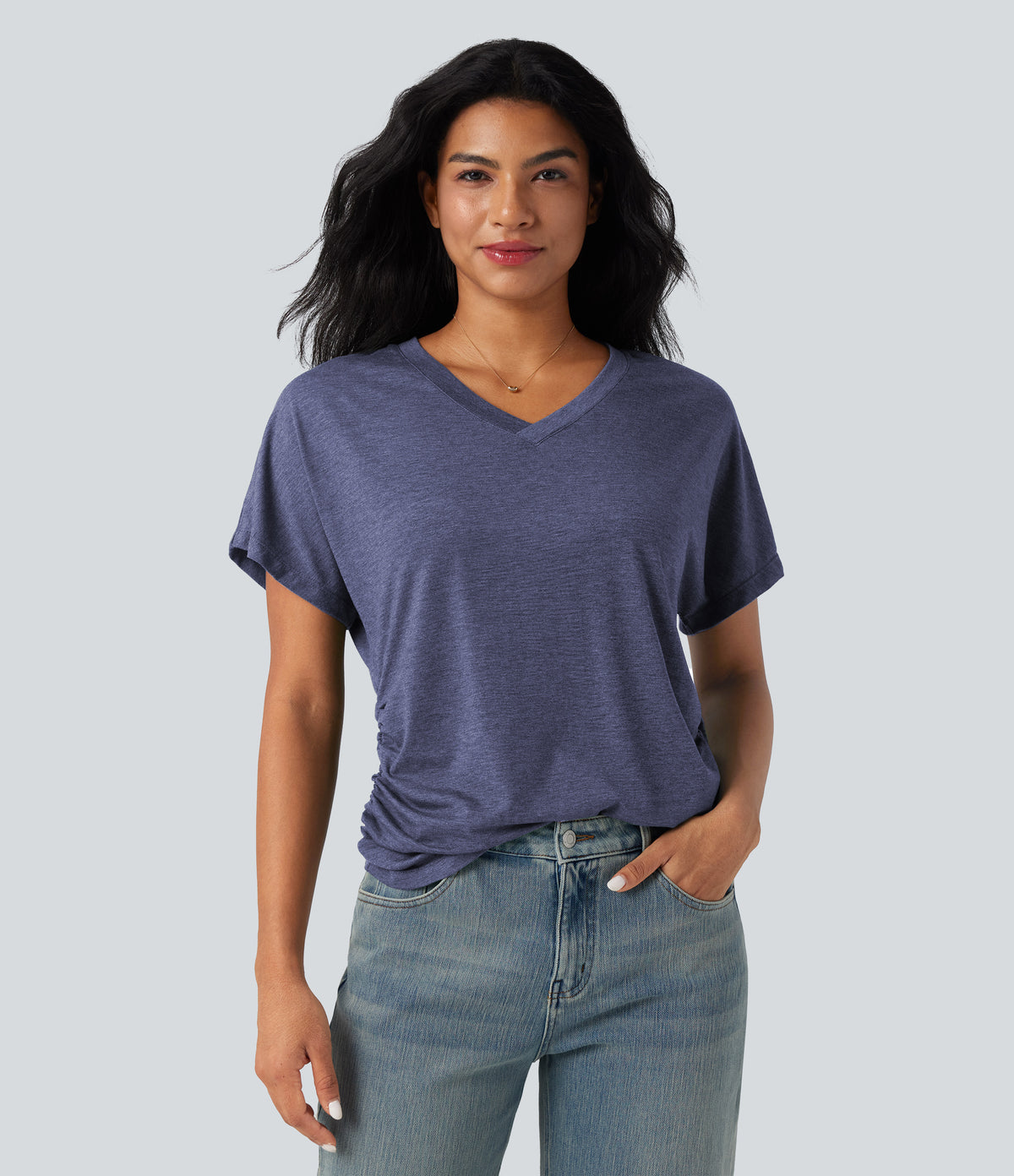 V-neck Short Sleeve Ruched Relaxed Casual Top
