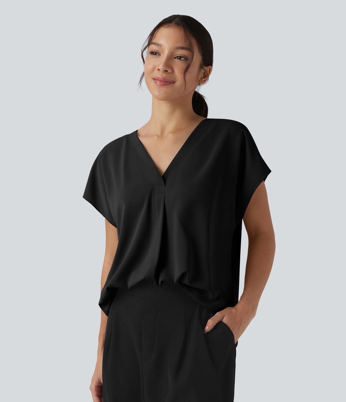 Wrinkle Recovery V-neck Short Sleeve Oversized Work Blouse