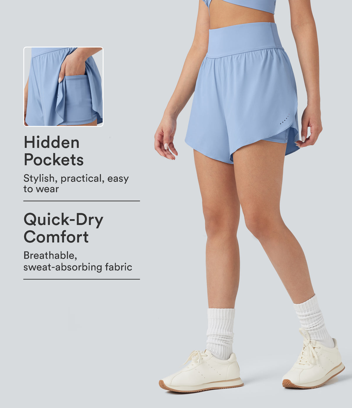 SoftlyZero™ QuickDry High Waisted Tummy Control Reflective Dots Crossover Hem 2-in-1 Running Shorts 5'' with Pockets