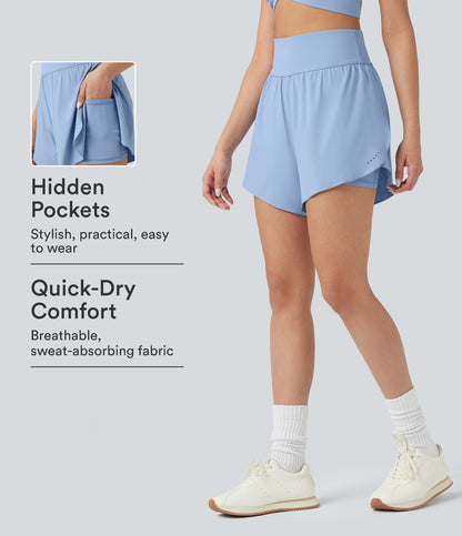 SoftlyZero™ QuickDry High Waisted Tummy Control Reflective Dots Crossover Hem 2-in-1 Running Shorts 5'' with Pockets