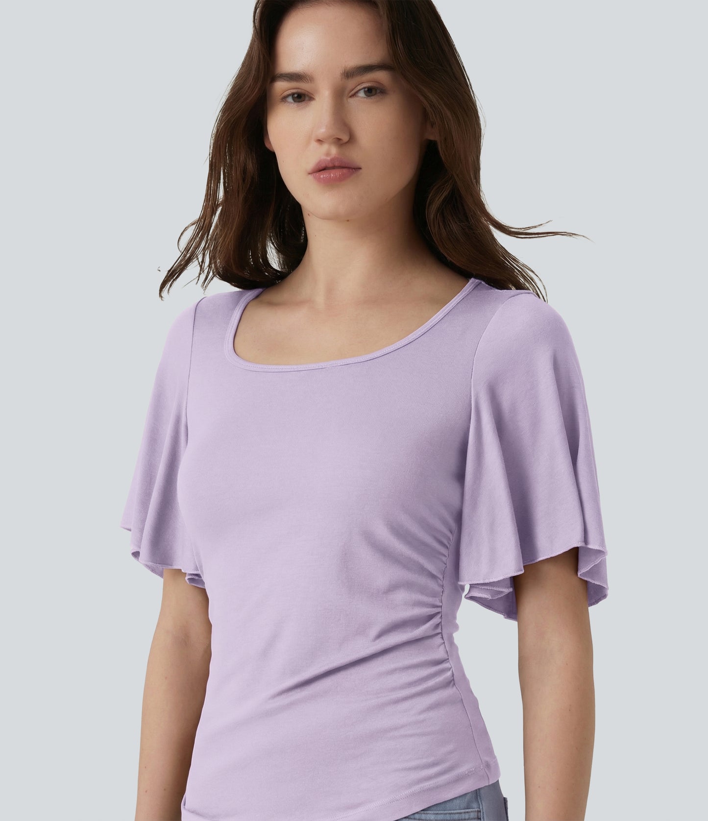 Ribbed Square Neck Butterfly Sleeve Ruched Casual T-Shirt