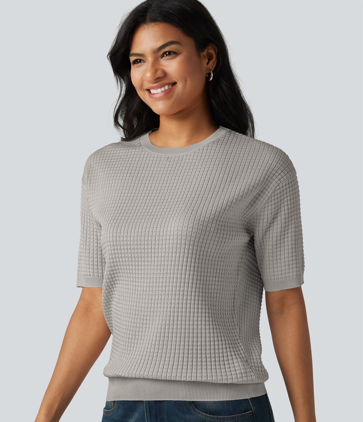 Round Neck Short Sleeve Waffle Casual Sweater