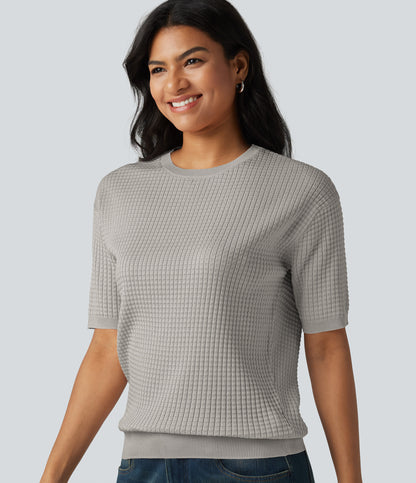 Round Neck Short Sleeve Waffle Casual Sweater