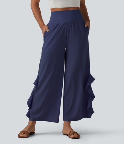 Breezeful™ High Waisted Ruffle Wide Leg Quick Dry Pants with Pockets