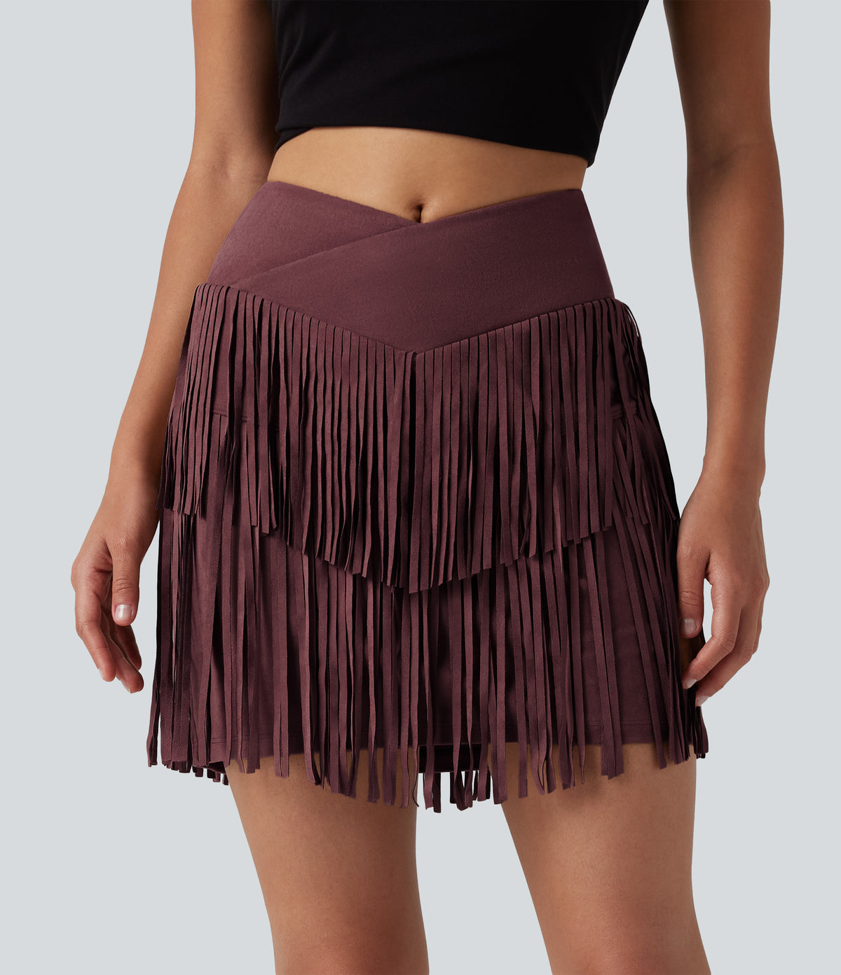 Crossover High Waisted 2-in-1 Fringe Hem Bodycon Mini Suede Party Skirt-Longer Length