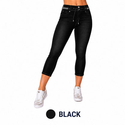 Wash Contrast Binding Double Button Drawstring Mid Waist High Stretch Fit Capri Jeans  Pant