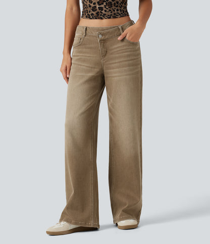 Low Rise Asymmetric Wide Leg Colorful Casual Jeans with Pockets