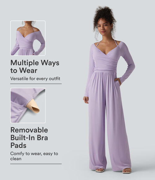 Ribbed Halter Tie Back Off Shoulder Built-in Bra Long Sleeve Casual Jumpsuit with Pockets