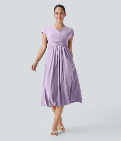 Breezeful™ V Neck Short Sleeve Pocket Tie Back Quick Dry Midi Casual Dress