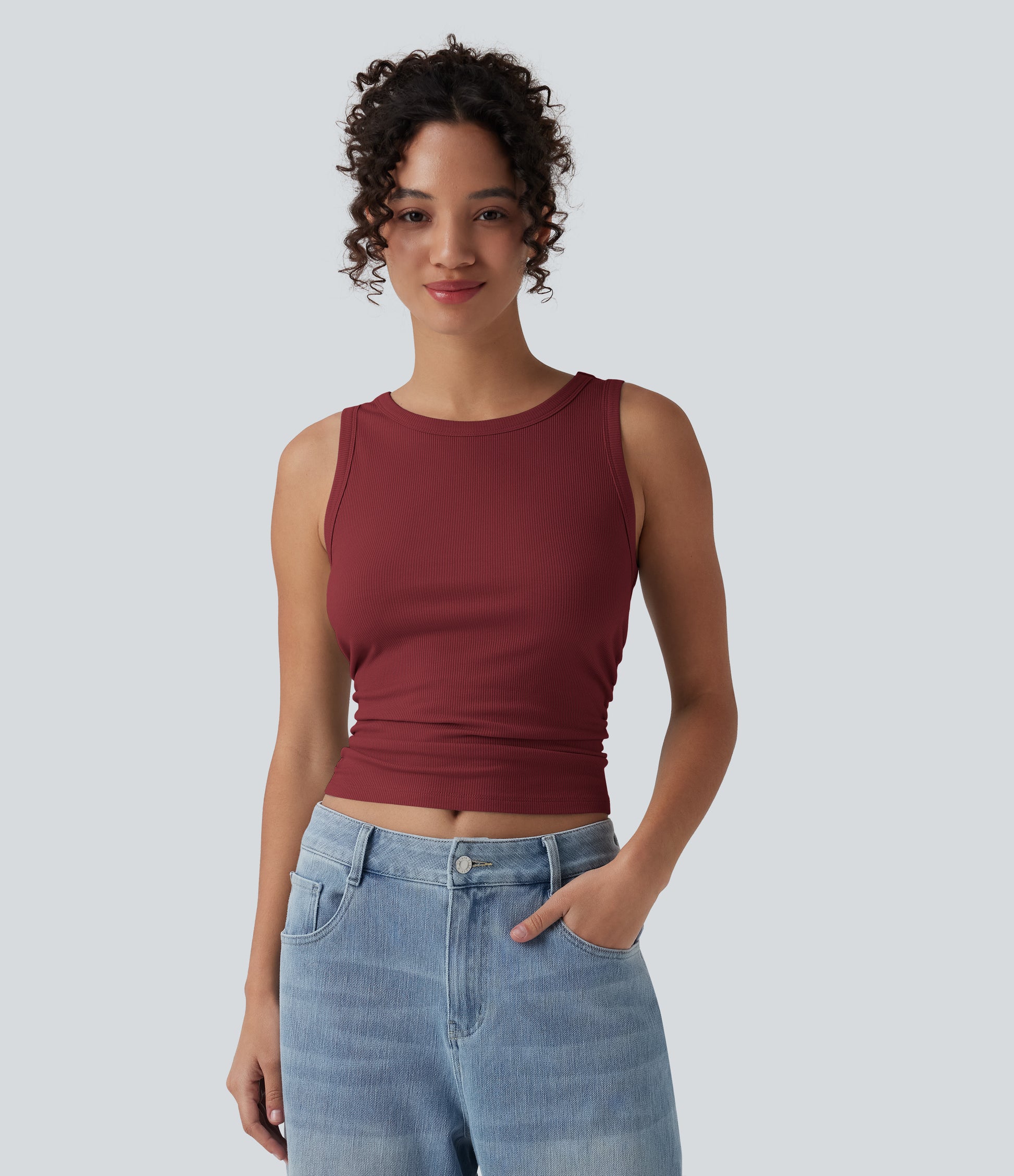 Ribbed Knit Round Neck Ruched Casual Tank Top
