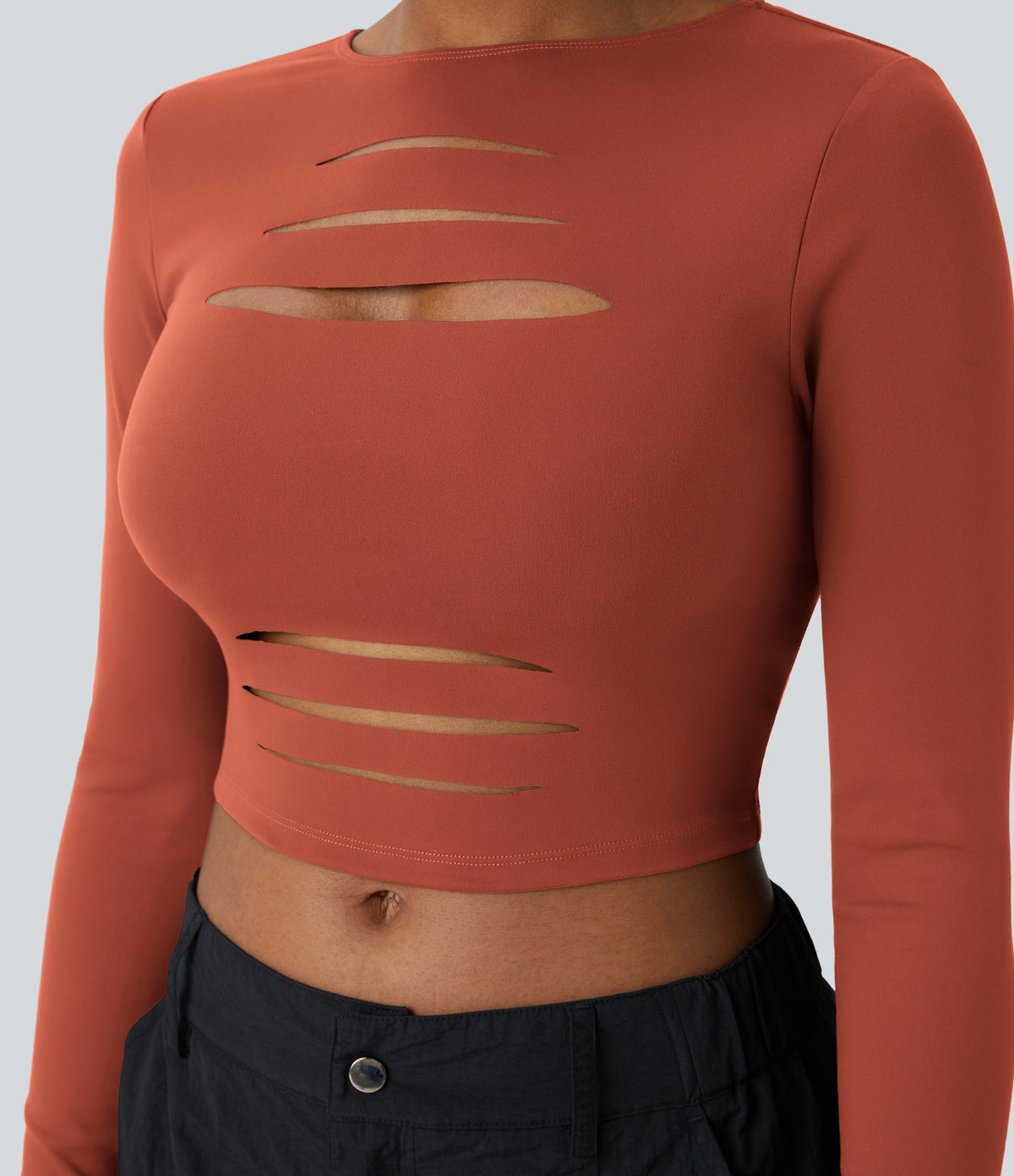 DayStretch Round Neck Long Sleeve Cut Out Ripped Skinny Cropped Casual Top
