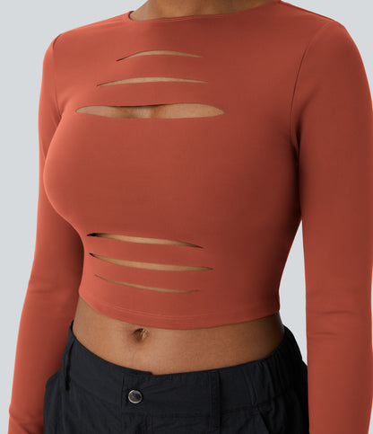 DayStretch Round Neck Long Sleeve Cut Out Ripped Skinny Cropped Casual Top