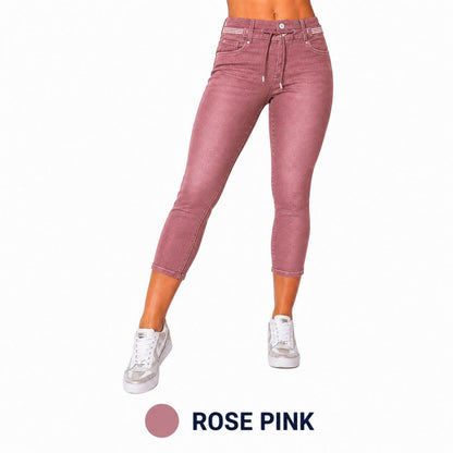 Wash Contrast Binding Double Button Drawstring Mid Waist High Stretch Fit Capri Jeans  Pant